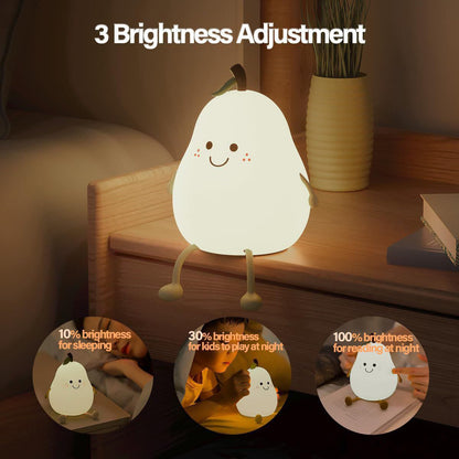 Pear Night Light For Kids Silicone Cute Lamp Nightstand Dimmable Bedroom Baby Fruit Nightlight Kawaii Bedside Room (Pear Lampled)